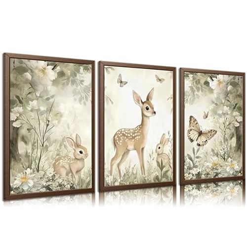 3Pcs Woodland Animal Nursery Canvas Wall Art Cute Forest Animal Wall Decor Pictures Deer and Butterfly Wildflowers Posters Prints for Nursery Bedroom Kids Room Home Decoration Unframed Posters 12X16in