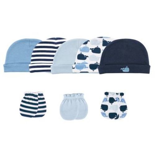Luvable Friends Baby Boy Cotton Caps and Scratch Mittens 8pk, Whale, 0-6 Months