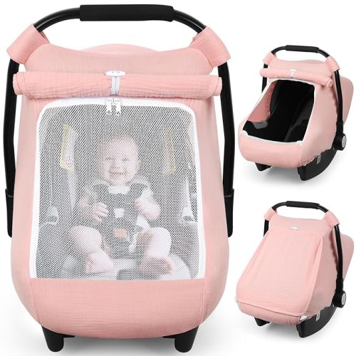 Rquite Car Seat Cover Baby, Carseat Covers Girl Boy, Breathable Muslin Cotton, Large Mesh Window, Infant Car Seat Canopy Baby Carrier Cover Stroller Sun Shade for Summer & Hot Day, Pink