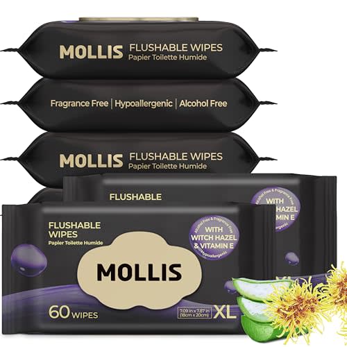 MOLLIS Flushable Wipes for Adults, Extra Large Unscented Wet Wipes with Witch Hazel & Vitamin E, Gentle for Sensitive Skin, 100% Plant-Based, Sewer & Septic Safe, 360 Count (6 Packs of 60)