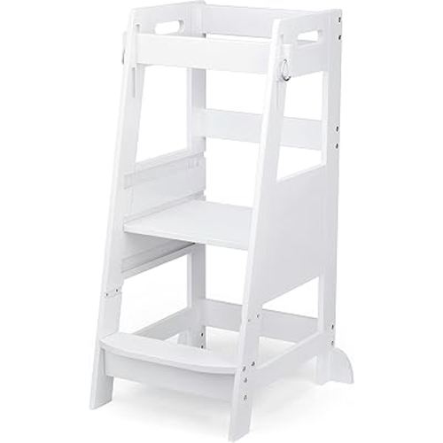 TOETOL Bamboo Toddler Kitchen Step Stool White Helper Standing Tower Height Adjustable with Anti-Slip Protection for Kids Kitchen Counter Learning