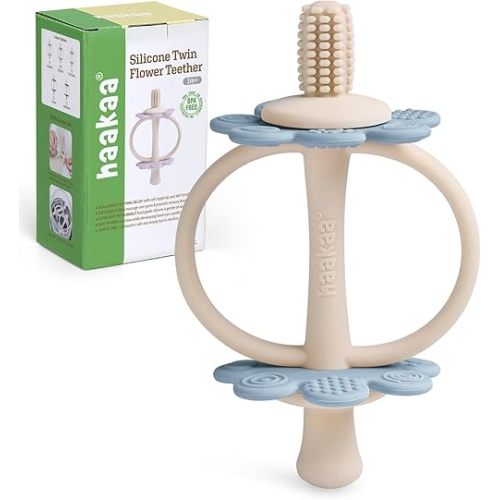haakaa Silicone Baby Teether Toys,Nipple-Shaped End for Gum Massage,360° Baby Toothbrush Head for Self-Brushing Training,Easy to Grip - Sky Blue