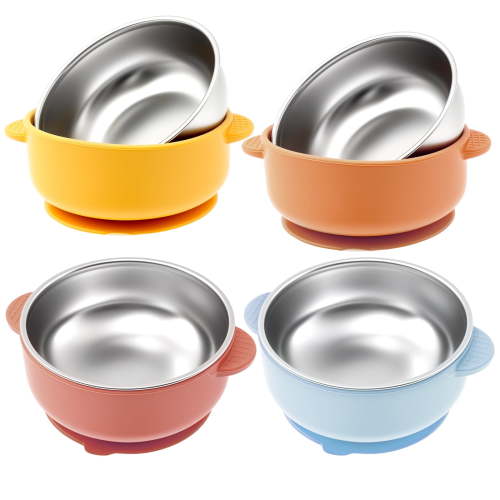 Ikoopy 4 Pcs 304 Stainless Steel Baby Bowls with Removable Silicone Sleeve Non Slip Toddler Suction Bowls Snack Containers for Toddlers Kids Feeding