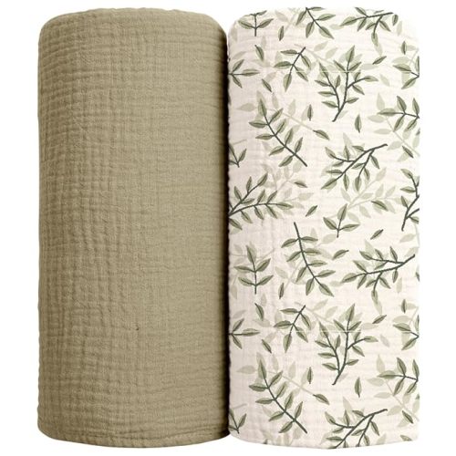 lulumoon Muslin Swaddle Blankets for Baby: 100% Cotton Receiving Blankets | Breathable Wrap for Newborn Swaddling - Nursery Gift for Baby Girls (OliveLeaf)