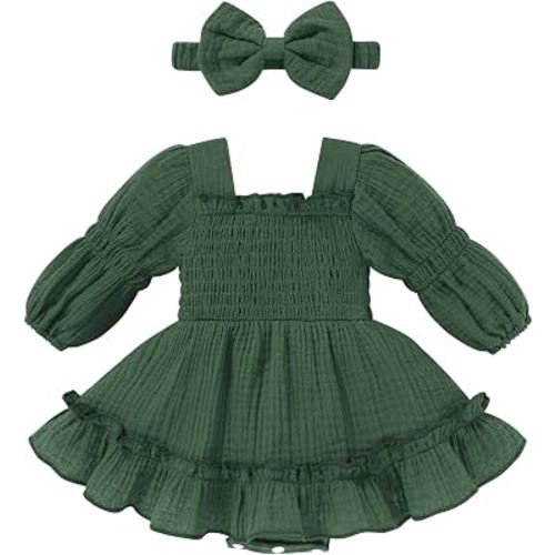 Happy Town Cute Baby Girl Clothes Toddler Long Sleeve Romper Dress Outfits | Soft Cotton Fabric, Fall Infant Smocked Clothing, Bubble Jumpsuit with Headband, Winter Bodysuit, 0-24 Months
