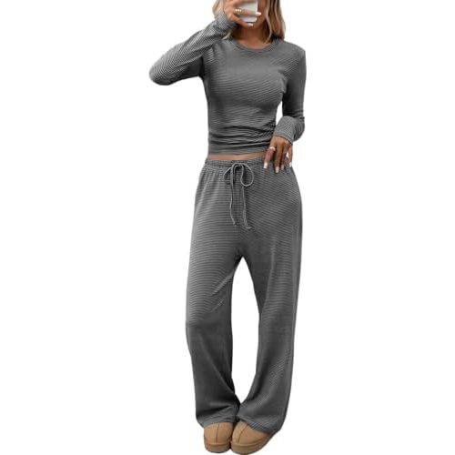CHYRII Womens Two Piece Sets Fall Fashion Striped Long Sleeve Tops Wide Leg Palazzo Pants Outfits Loung Sets