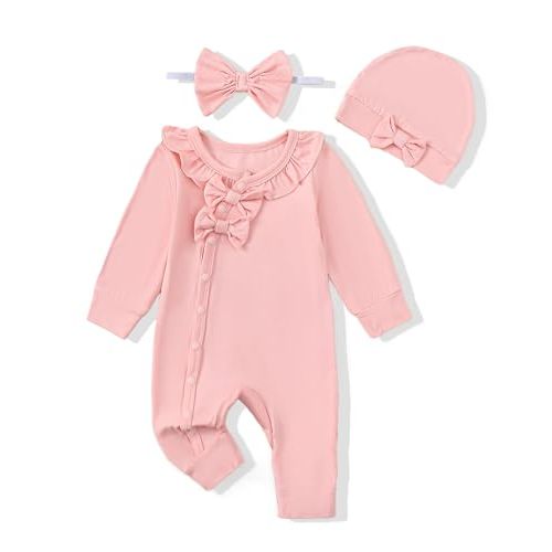 Mikrdoo Newborn Infant Baby Girl Clothes Fall Winter Outfits Long Sleeve Zipper Rompers with Headband