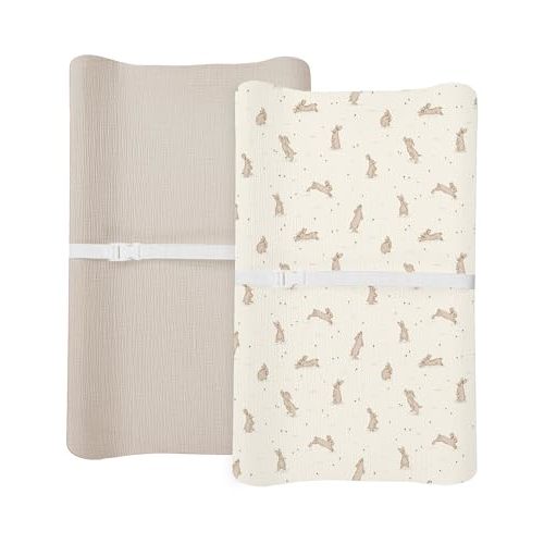 Changing Pad Cover for Baby Boy Girl 2 Pack, Muslin Changing Table Pad Covers with Boho Style, Neutral Nursery Bedding Essentials Soft and Breathable (Hopping Bunnies & Beige)