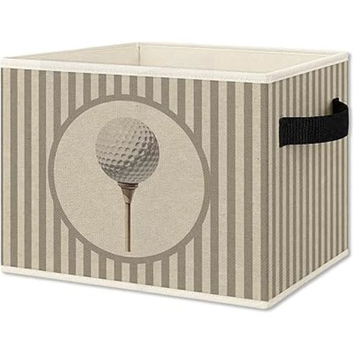 Vintage Golf Storage Bins Box with Handles, Golfing Sports Decor for Boys, Sage Striped Classic Golf Ball Aesthetic Collapsible Organizer Basket for Nursery Room Bedroom Playroom Toys Books