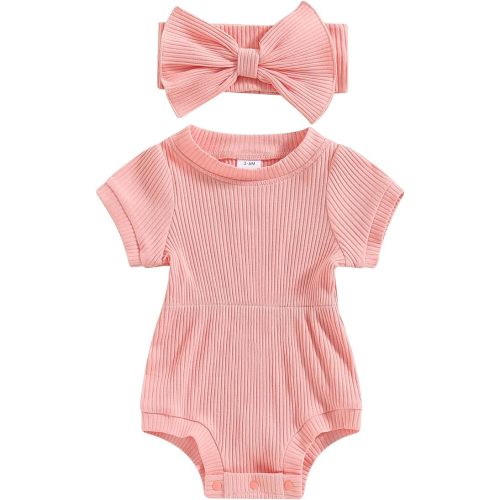 FOCUSNORM Baby Girl Summer Clothes Ribbed Short Sleeve Romper Solid Color Bodysuits Bow Headband Outfit Newborn Girl Jumpsuit