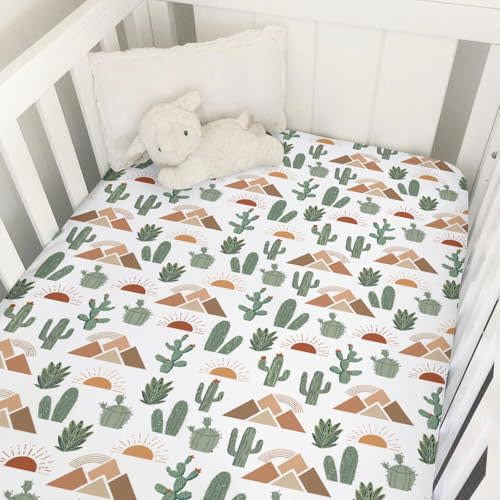 Boho Western Cactus Desert Baby Crib Sheets for Boy Girl Watercolor Southwest Mountain Sun Soft Snug Fitted Crib Mattress Covers for 52''x28'' Standard Crib & Toddler Mattress Wild West Baby Sheets