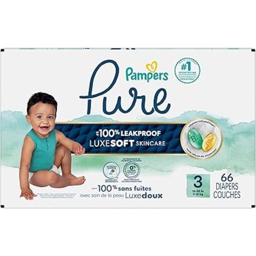 Pampers Pure Baby Diapers, Size 3, Up to 100% Leakproof, Premium Hypoallergenic Soft Diapers, 1 Pack (Count of 66)