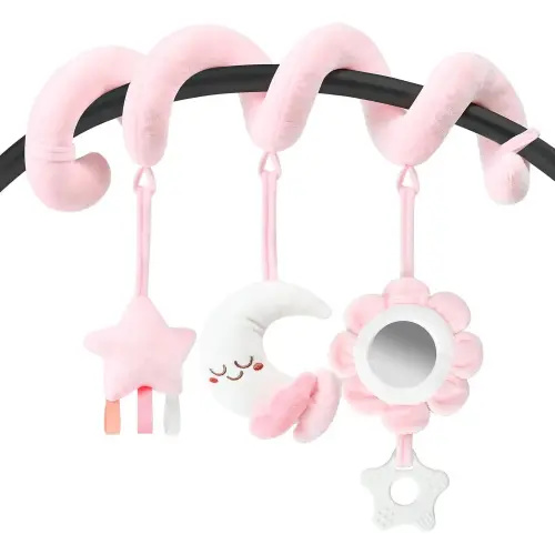 P-PLT018 Spiral Car Seat & Stroller Activity Toy, Crib Hanging Rattles Toys for Ages 0-12 Months, Mirror, Textured Ribbons, Squeaky Carseat Stroller Toys, Newborn Baby Girl Gifts - TikTok Shop