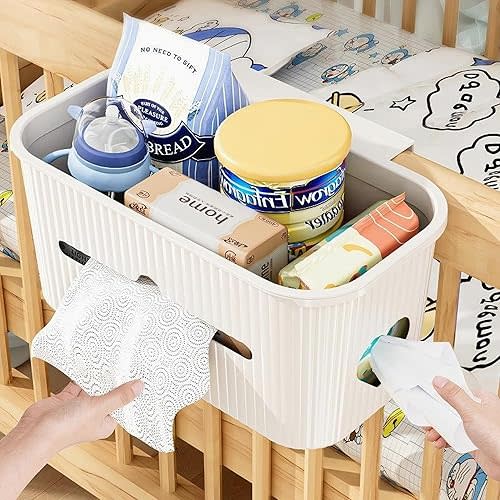 Bedside Storage Box Bin Organizer Diaper Caddy Organizer for Kids Bed, Crib, Playard,Playpen, Nursery Bedroom, Bathroom Essentials,for Books, Tissues, Cup & Snacks(White)