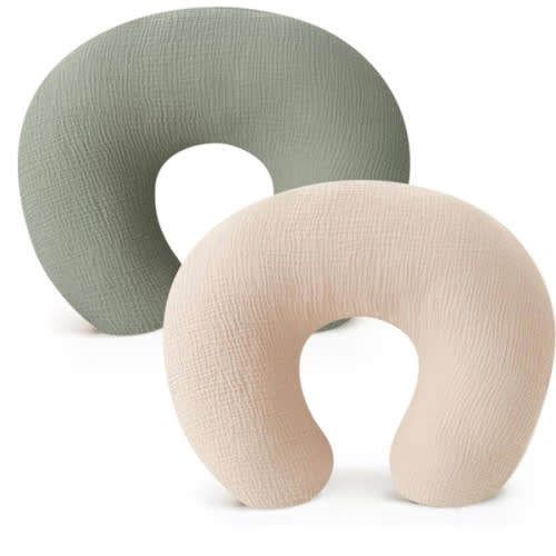 Konssy Muslin Nursing Pillow Covers, Soft and Cute Nursing Covers for Breastfeeding Pillows, Ideal for Newborn Baby Boys and Girls (Fog Green, Cream) - 2 Pack