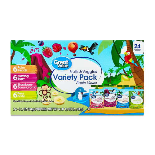 Great Value Fruits and Veggies Variety Pack Applesauce, 3.2 oz, 24 Pouches