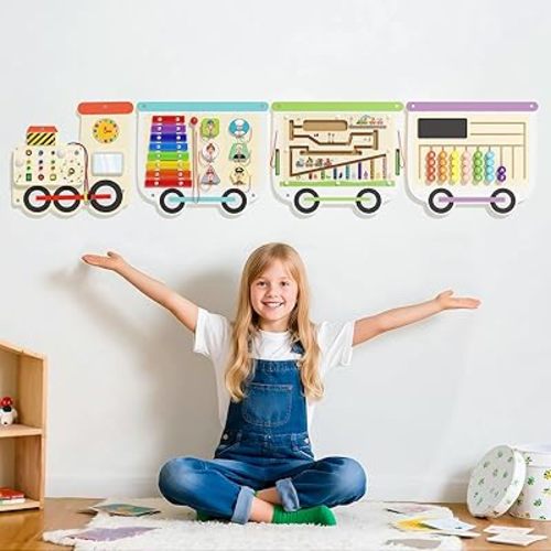 Montessori Sensory Board - Electric Train Wooden Wall Busy Board, Toddler Learning Panel Wall-Mounted, Educational Toys for 3-6 Years, Interactive Playroom Activity Gifts for Kid