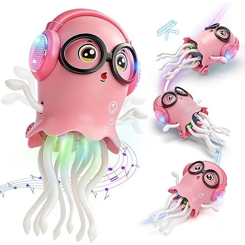 GONINO DJ Dancing Jellyfish Baby Girl Toys, Musical Crawling Tummy Time Toys with LED Light & Smart Obstacle Avoidance, 360° Spin Sensory Toys for Toddlers Kids, Birthday Gifts for Girls, Pink