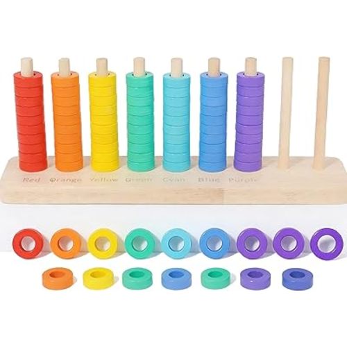 Wooden Color Sorting Stacking Toys, Montessori Toys Rainbow Rings Game, Wooden Sorting & Stacking Toys for Toddlers, Color Recognition Sensory Toy Educational for Ages 3 and Up Boys Girls Gift