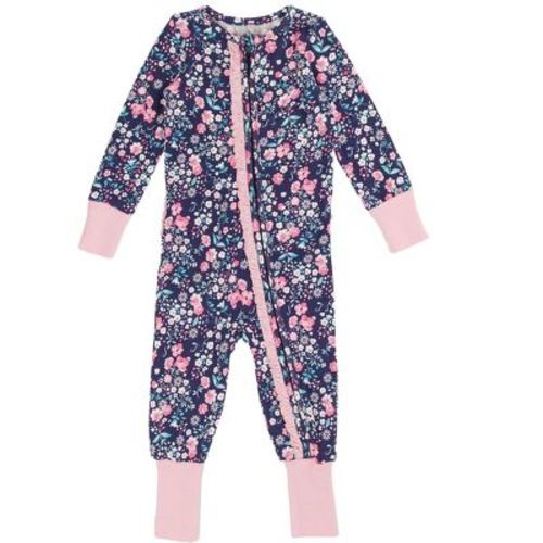 RuffleButts SoftSnooze Baby Girls Ruffle One Piece Convertible Pajamas - Moonlit Meadow, 0-3m