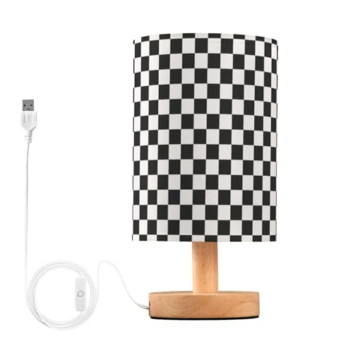 Bedside Lamp Black White Checkered Pattern Table Lamp for Bedroom LED Nightstand Lamp Shade USB Ports Wood Base for Living Room Dorm Office