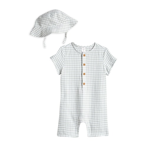 Baby Print Cotton Henley Romper & Hat Set - 6 Months