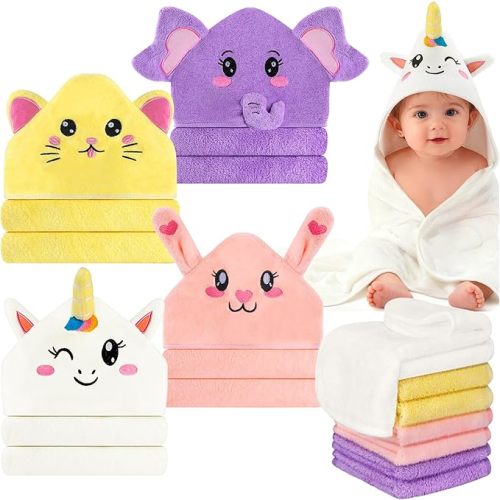 12 PCS Baby Bath Towels for Infants Toddlers, 4 PCS Animal Hooded Baby Towels & 8 PCS Washcloths Set, Soft & Ultra Absorbent Newborn Bath Cute Essential Gifts for Boys & Girls