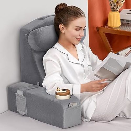 MOON PINE Reading Pillow for Adults, Memory Foam Backrest with Detachable Arms - Bed Pillow for Sitting Up, Built-in Cup Holder & Phone Pocket (Gray, 19 inch)