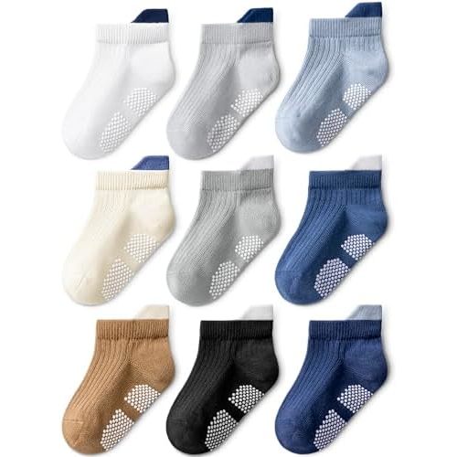 HONGTEYA 9 Pcs Toddler Boys Socks Cotton Baby Non Slip Socks with Grippers