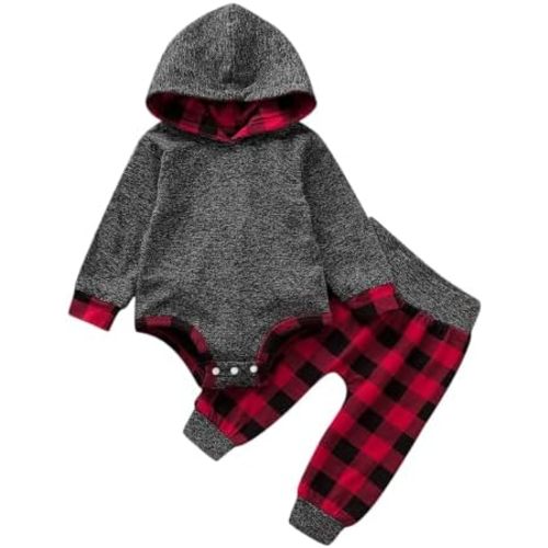 Newborn Baby Boy Clothes Fall Winter Infant Outfits Long Sleeve Hoodie Romper + Red Plaid Pants Set