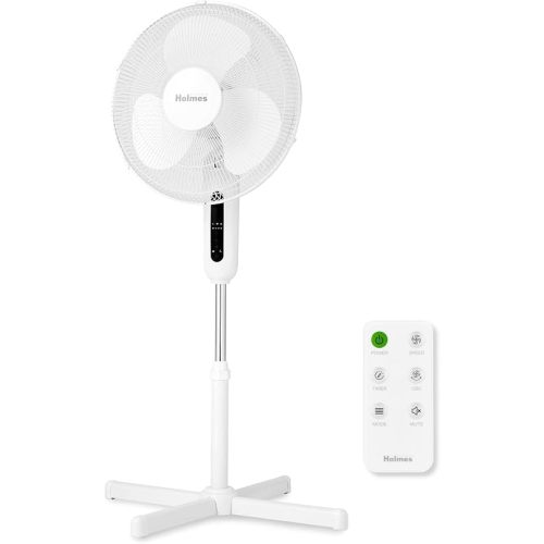 HOLMES 16" Digital Stand Fan, 80° Oscillation, 3 Speeds, 3 Modes, 7.5-Hour Timer, Adjustable Height, 30° Head Tilt, Ideal for Home, Bedroom or Office, Remote Control, White