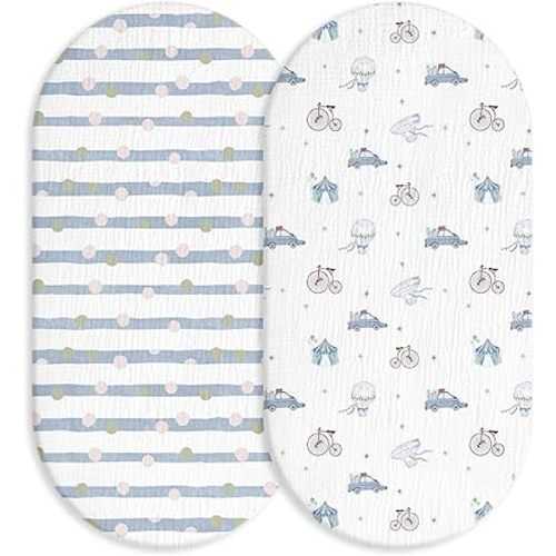 Muslin Bassinet Fitted Sheets, 2 Pack for Baby Boy and Girl, Soft Breathable Baby Pad/Mattress Sheet, Fit for Hourglass Oval and Rectangle Bassinet Mattress (Cute Cars)