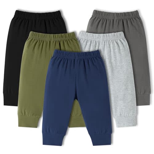 DREAM BUS 5 Pack Baby Boys Pants Toddler Pull on Sweatpants Infant Cotton Joggers Unisex Baby Leggings for Newborn-24M