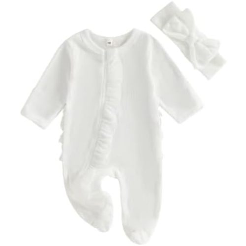 Ayalinggo Newborn Baby Romper Infant Girl One-piece Outfit Waffle Ruffle Zip Footie Spring Summer Clothes With Bow Headband