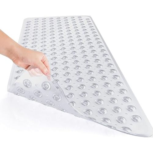 Mumoo Bear Non Slip Bath Mat for Tub, 100 x 40cm Extra Long Shower Mat Anti Mould, Machine Washable Bathroom Bathtub Mat with Suction Cups and Drain Holes, Soft on Feet, Clear