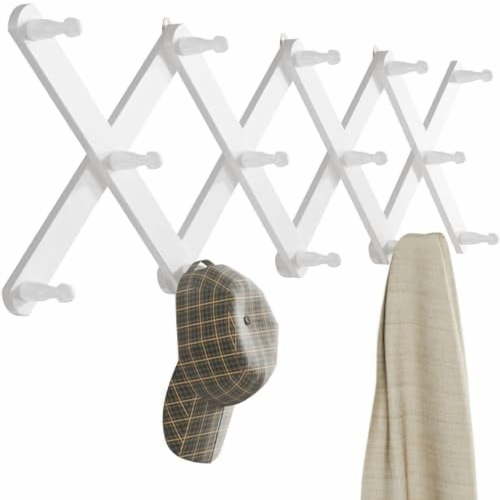 Wood Accordion Wall Hanger, Expandable Coat Rack Wall Mount with 14 Pegs, Expanding Hat Rack for Wall White