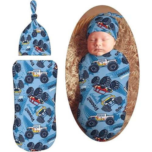 Monster Truck Cars Newborn Swaddle Blanket with Beanie Set Soft Baby Sleep Sack Stretch Adjustable Swaddle Wraps Receiving Blankets