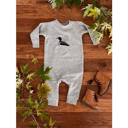 Little Loon Romper, Fleece One-Piece, Heather Grey, Snap Closure, Screen Print, Silk Screen, Loon Shirt, Loon Print, Loon Bird, Baby Loon