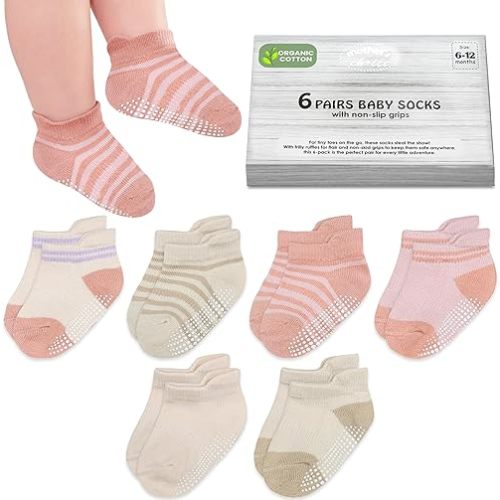 Mother's Choice Organic Cotton Ankle Baby Socks 6–12 Months – 6 Pairs, Soft Breathable Non-Slip Socks for Baby Boys & Girls with Anti-Skid Grip