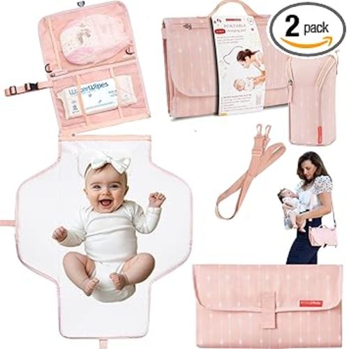 Premium Portable Diaper Changing Pad – CPC Certified Waterproof 2-in-1 Diaper Clutch & Changing Mat with Head Cushion – Bonus Insulated Bottle Bag – Travel Kit Gift for Baby Girls & Boys (Peach)