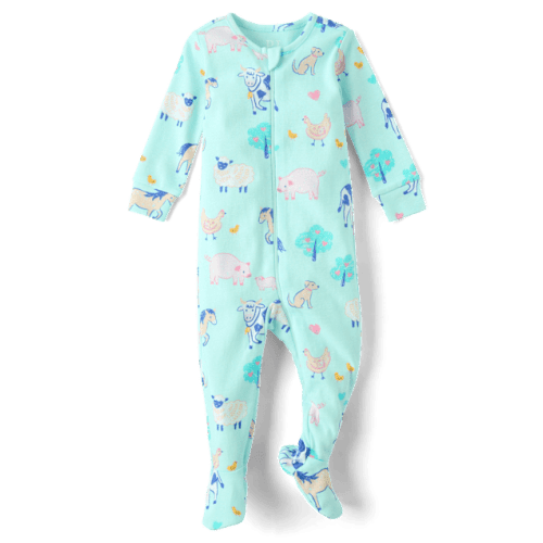 Baby And Toddler Girls Farm Animals Snug Fit Cotton Footed One Piece Pajamas - Green