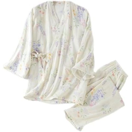 Womens Floral Cotton Pajama Set – Soft Sleepwear with Kimono Wrap Top & Elastic Waist Pants