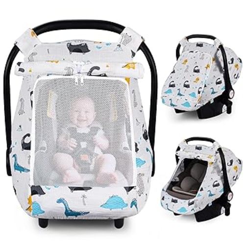 Rquite Car Seat Cover Baby, Carseat Covers Girl Boy, Breathable Muslin Cotton, Large Mesh Window, Infant Car Seat Canopy Baby Carrier Cover Stroller Sun Shade for Summer & Hot Day