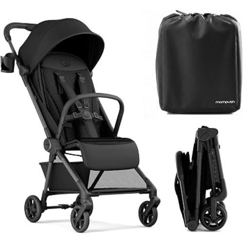 Mompush Nexis Carbon Travel Stroller, Ultra-Lightweight 11.5 lbs, Compact & Airplane Carry-On Approved, One-Second Auto-Fold, One-Hand Full Recline, from Birth to 50 lbs, JPMA Certified, Black