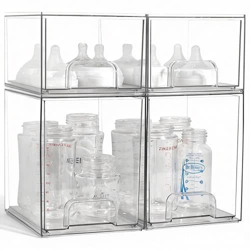 Baby Bottle Organizer, 4 Pack Clear Space-Saving Stackable Drawer | Baby Bottle Storage Organizer with Handle for Countertop and Cabinet