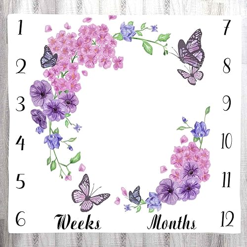 Baby Monthly Milestone Blanket - Floral Butterfly Pattern, Purple, 48x40 Inch, Swaddling & Photo Memory Blanket for Girls