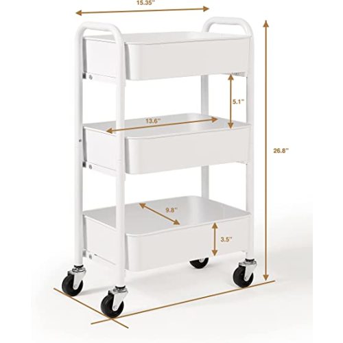 SunnyPoint 3-Tier Delicate Compact Rolling Metal Storage Organizer - Mobile Utility Cart Kitchen/Under Desk Cart with Caster Wheels (WHT, Compact (15.5" X 26.8" X 10.27")) - Wht