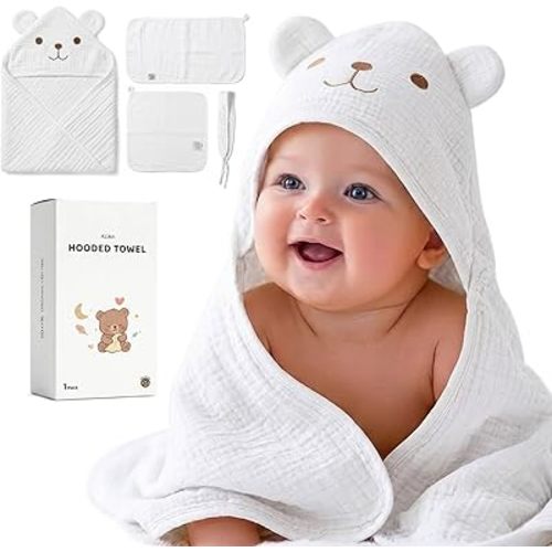 Kcikn Baby Hooded Towels Newborn Set, 100% Cotton Extra Large 32"x32" Toddler Bath Towel with Bear Ear Hood & Burp Cloth & Washcloths – Soft Absorbent for 0-24 Months Baby Boy Girl - White