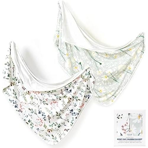 GRSSDER Baby Blankets 2 Pack Super Soft Jersey Knit Swaddle Blankets for Baby Girls and Boys, Double Layer Receiving Blankets 34 x 44 Extra Large for Swaddling, Leaves & Daisy