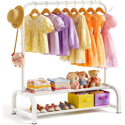 Kids Clothing Rack, Small Baby Clothes Rack with 2 Fabric Storage Shelves & Hooks, Kids Dress Up Rack Storage for Costumes, Princess Dresses & Shoes Portable Garment Rack for Hanging Clothes, White
